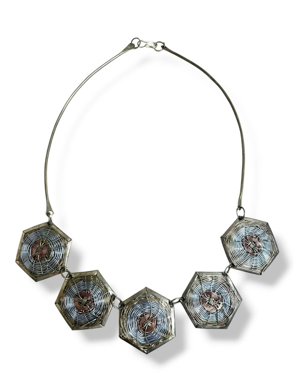 Vtg Brutalist Brass Mixed Metal Wire Statement Collar Necklace Hexagon Bib Boho
